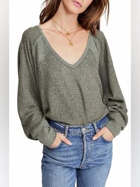 Free People Santa Clara Thermal V Neck Long Sleeve Army Sage XS